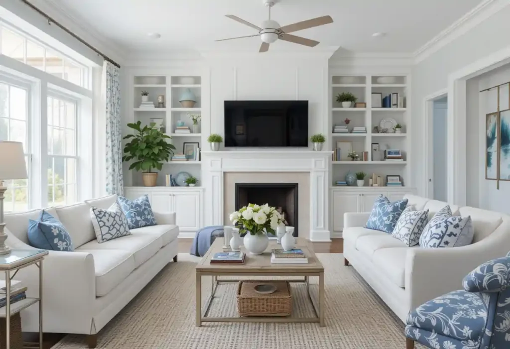 Blue and White Accents for an Ocean Feel coastal living room Ideas