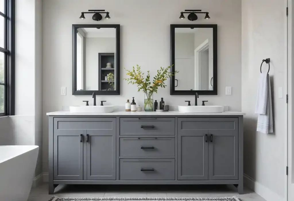 Grey Vanity with Matte Black Fixtures for a Trendy Contrast
