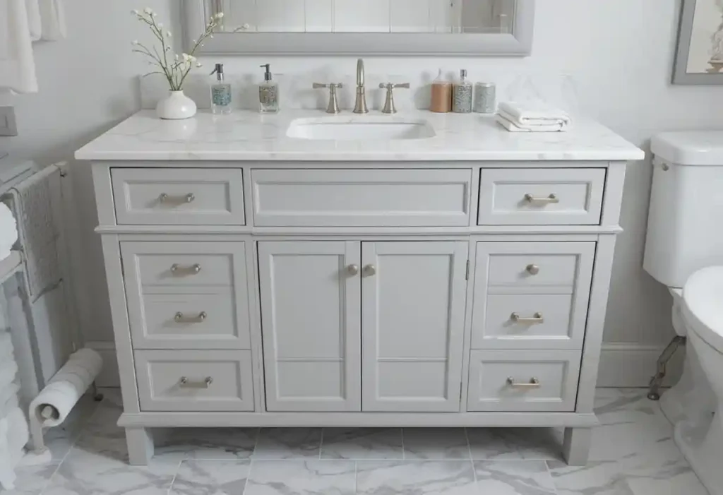 Light Grey Vanity with White Marble Countertop