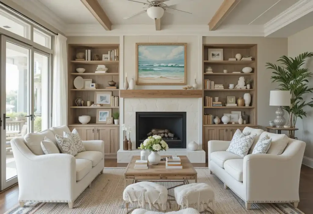 Open Shelving with Beach-Inspired Decor costal living room ideas