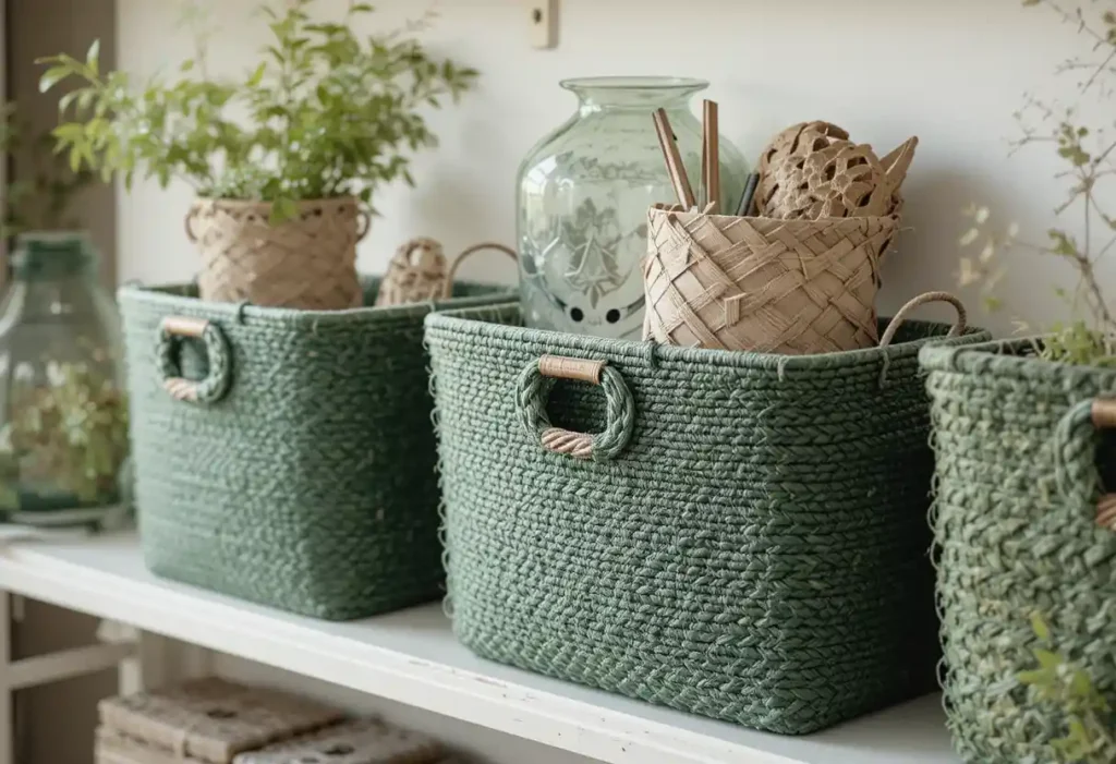 Decorating with Green Woven Baskets and Storage Solutions