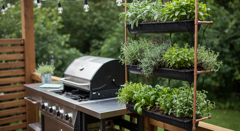 Add a Hanging Herb Garden for Fresh Ingredients, DIY Small Outdoor Kitchen Ideas