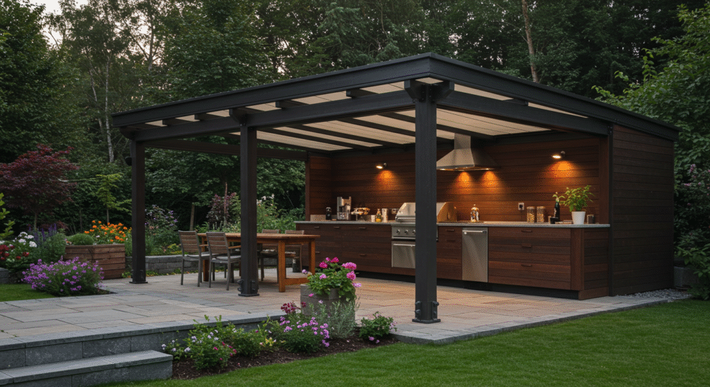 All-Season Wood Kitchens with Awnings, Wood Outdoor Kitchen Ideas