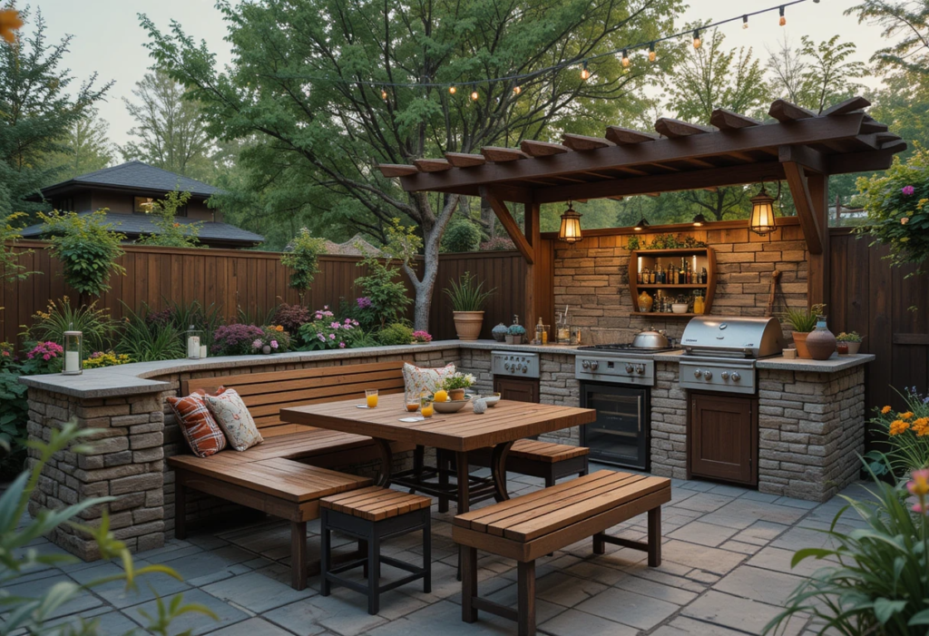 Benches for Laid-Back Hangs, Green Egg Outdoor Kitchen Ideas