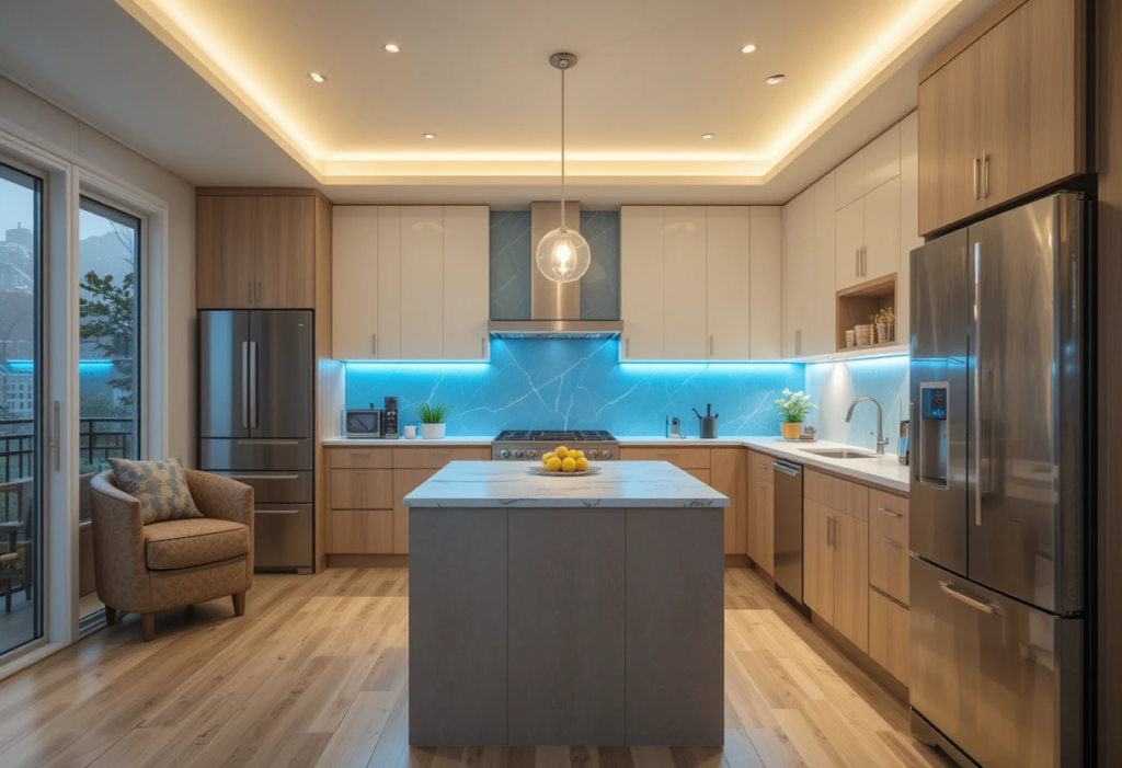 Brighten Room with Cool Lights, Small Space Kitchen Ideas.