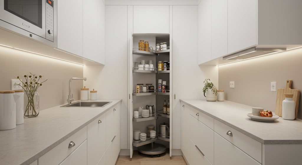 Corner Hacks to Win Back Space, Small Narrow Galley kitchen Ideas.