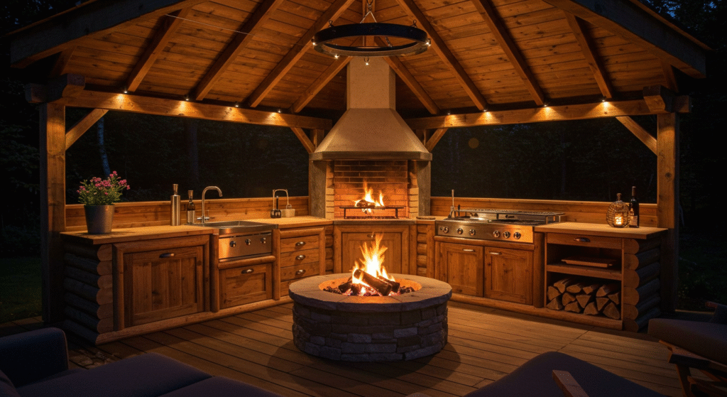 Cozy Wood Kitchens with Fire Pits, Wood Outdoor Kitchen Ideas