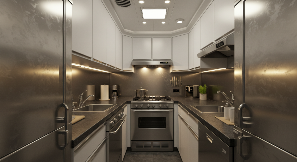 Fake Space with Clever Mirrors, Small Narrow Galley kitchen Ideas.