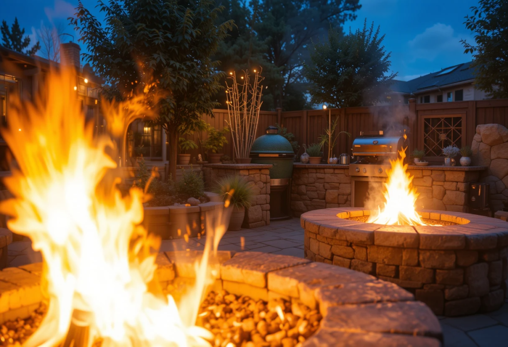 Fire Pits for Nighttime Glow, Green Egg Outdoor Kitchen Ideas.