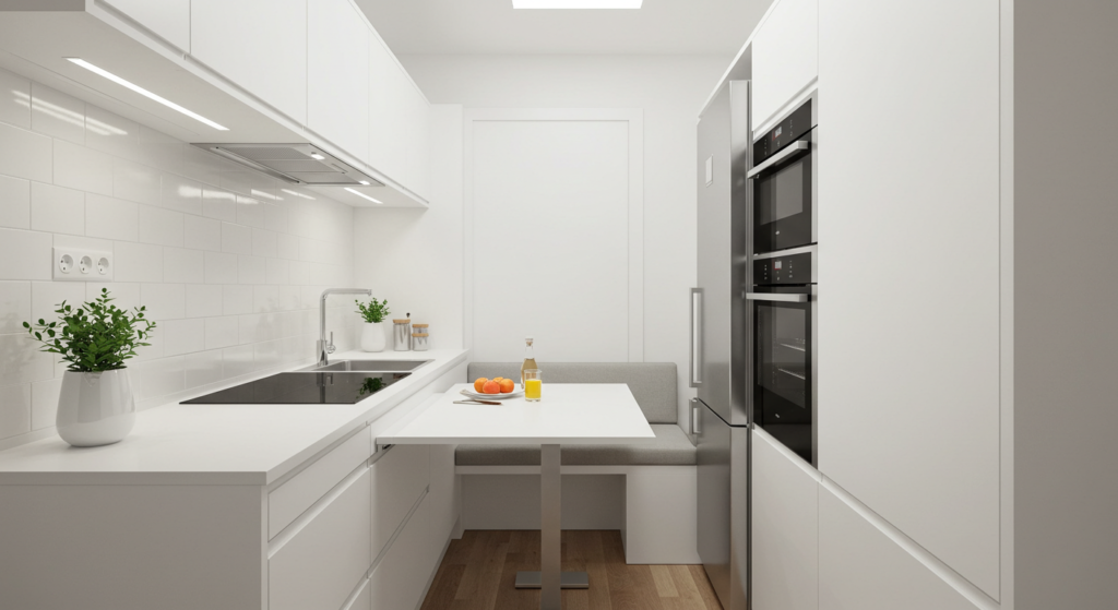 Fold Smart to Fit It All, Small Narrow Galley kitchen Ideas.