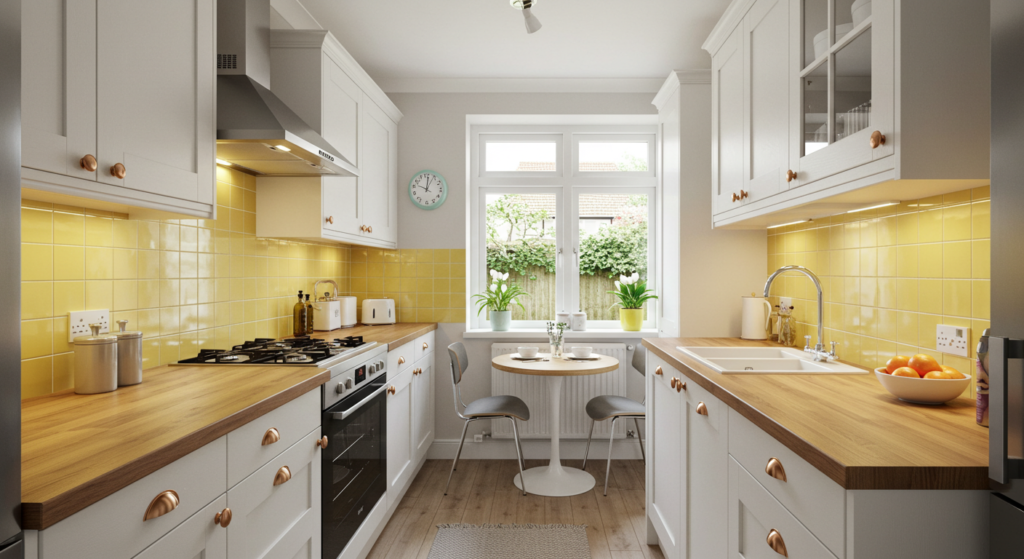 Glow Bright to Chase the Gloom, Small Narrow Galley kitchen Ideas.