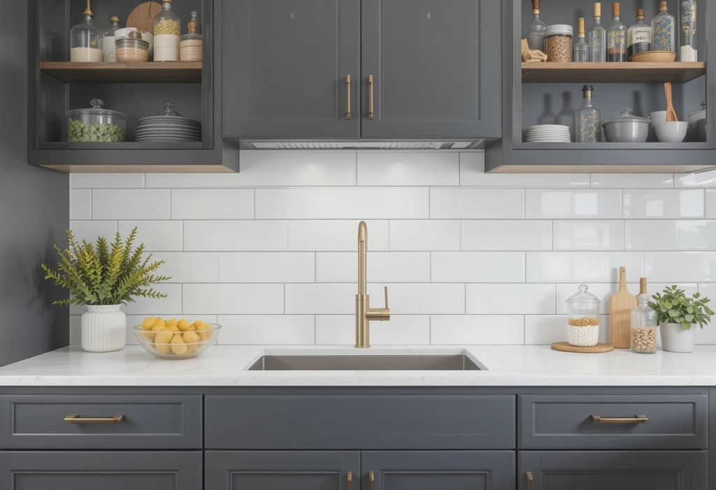 Gray Kitchen Backsplash Ideas with Cozy Shiplap Panels.
