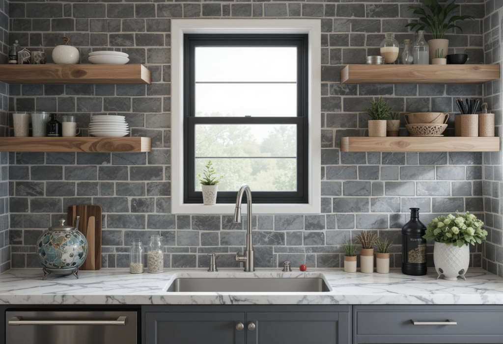 Gray Kitchen Backsplash Ideas with Peaceful Brick