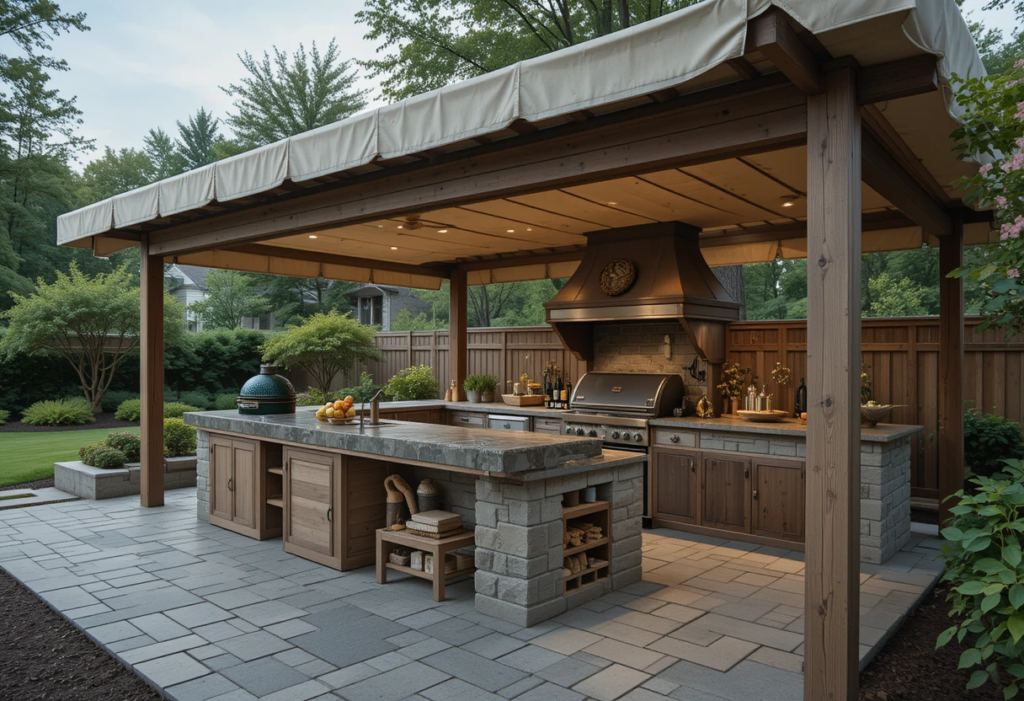 Green Egg Outdoor Kitchen Ideas under Canvas Roofs.