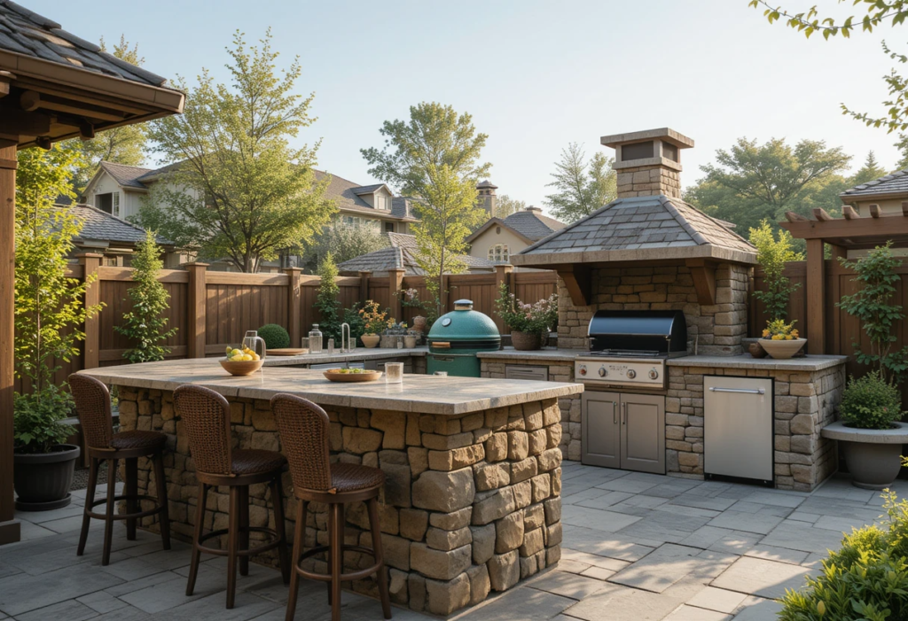 Green Egg Outdoor Kitchen Ideas with Bar Tops