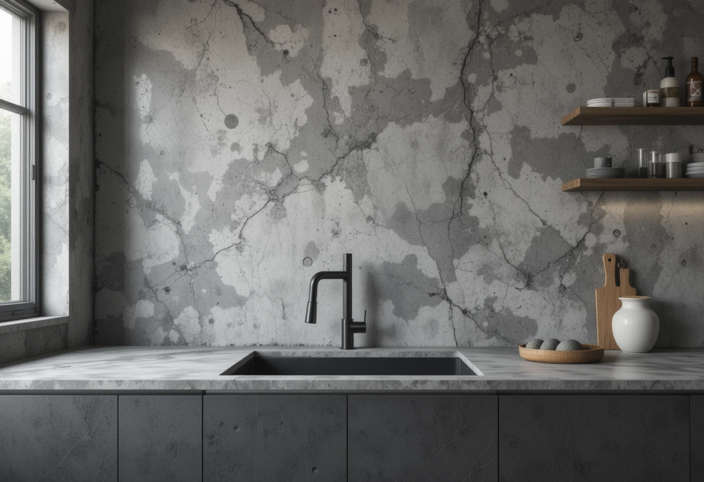 Gritty Concrete Walls That Roar Strength, Gray Kitchen Backsplash Ideas.