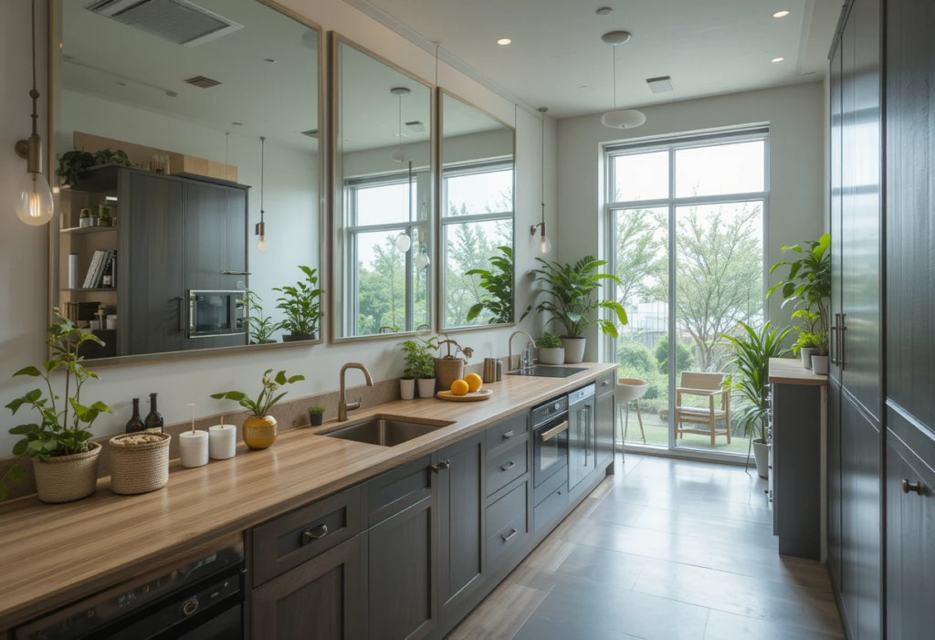 Grow Space with Big Mirrors, Small Space Kitchen Ideas.