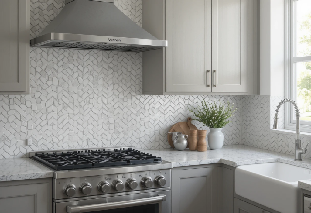 Harmonious Basketweave Tiles That Unite, gray kitchen Backsplash Ideas.