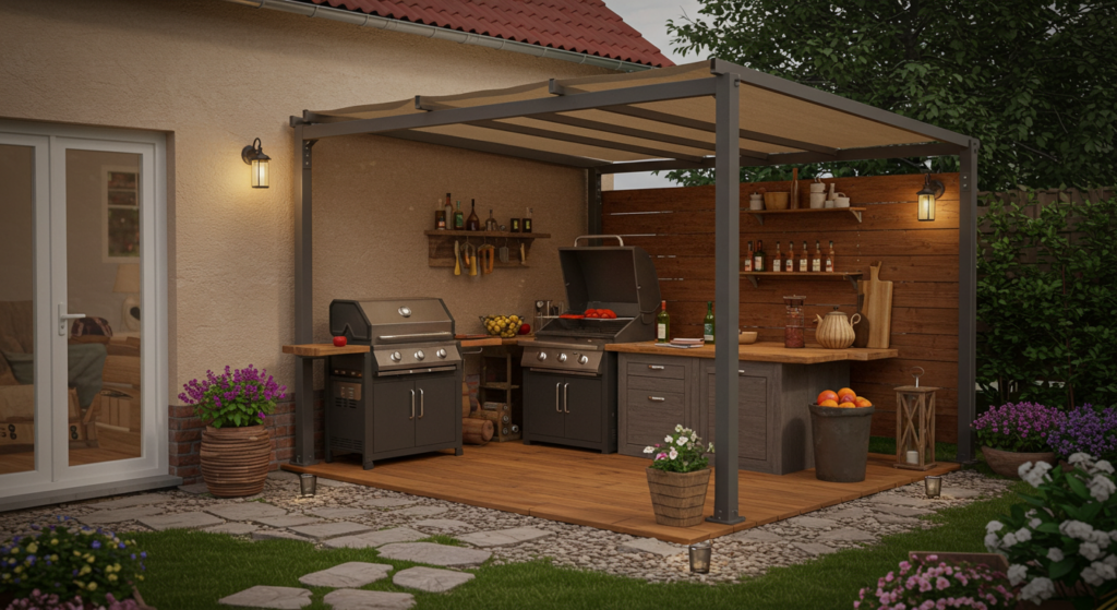 Install a Retractable Canopy for Shade and Protection, DIY Small Outdoor Kitchen Ideas