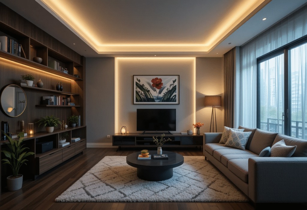 Layered Lighting Creates Ambiance, Brilliant Very Small Apartment Living Room Ideas