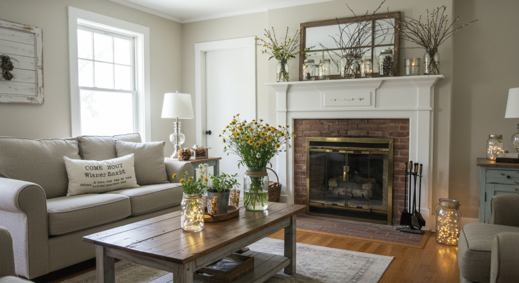 Mason Jar Decor for Rustic Flair, small Farmhouse Living Room Ideas