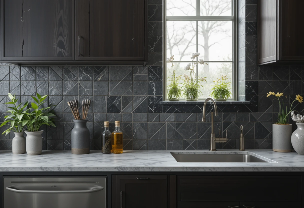 Mighty Slate Tiles That Defy Time, gray kitchen Backsplash Ideas.