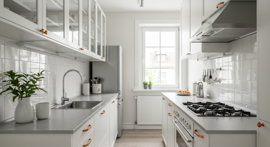 Mirror Tricks to Double the Fun, Small Narrow Galley kitchen Ideas.