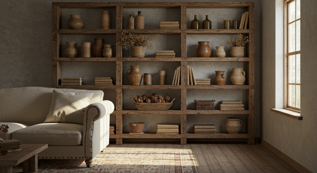 Open Shelving for Rustic Display, small Farmhouse Living Room Ideas