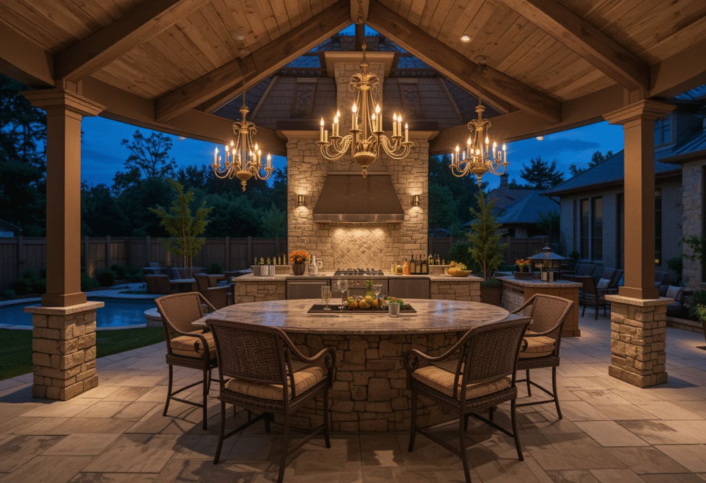 Outdoor Kitchen Lighting Ideas with Chandeliers.