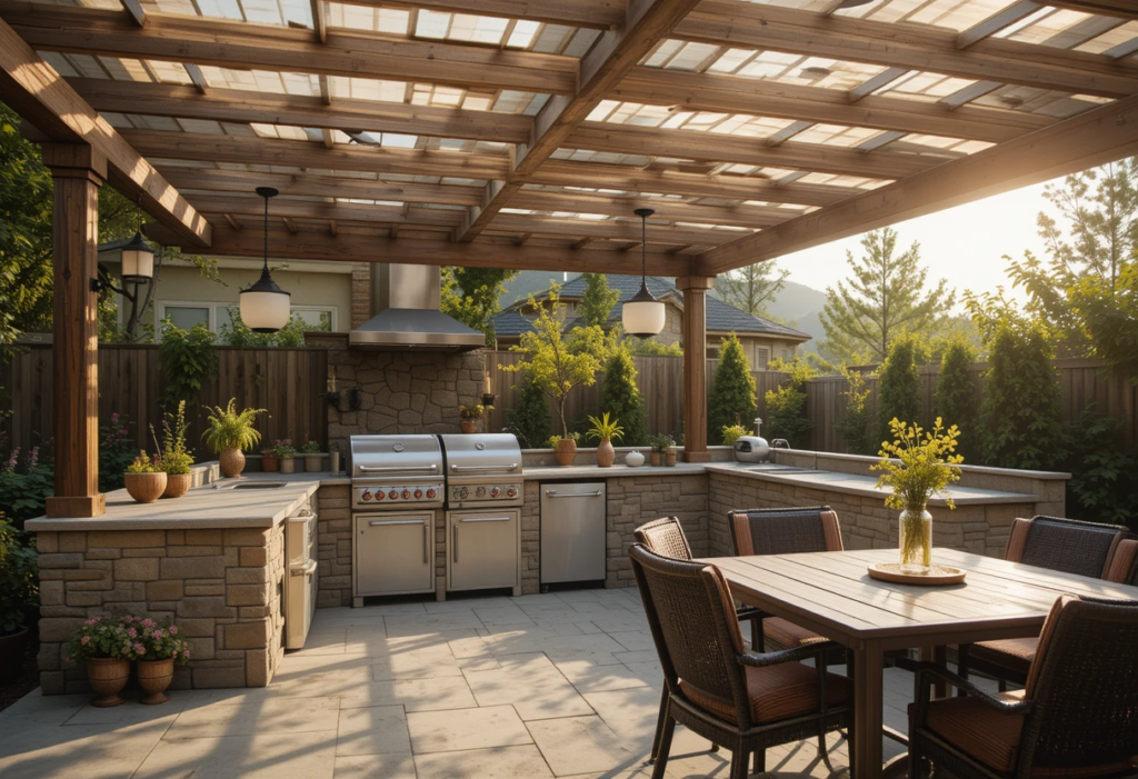 Pergola Shade for Cool Vibes, Green Egg Outdoor Kitchen Ideas.