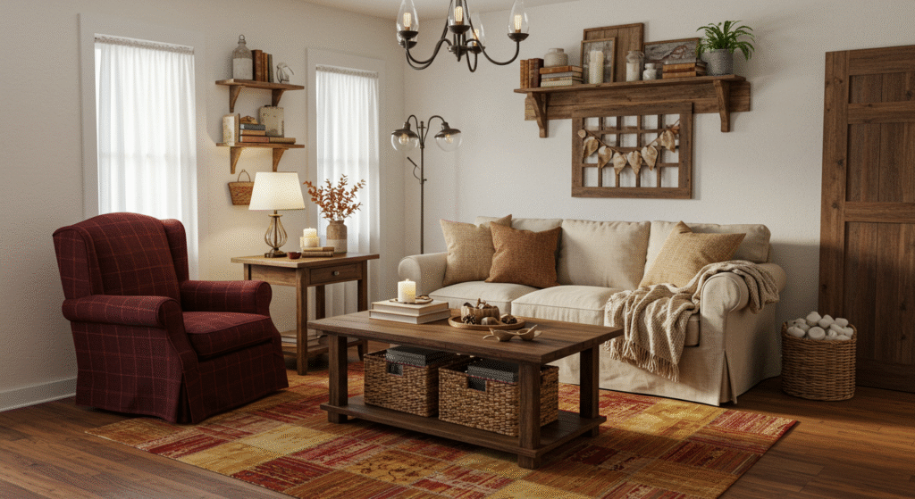 Plaid Textiles for Cozy Comfort, small Farmhouse Living Room Ideas