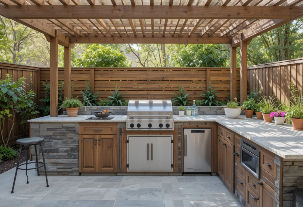 Set Up a Tiled Countertop for a Sleek Look, DIY Small Outdoor Kitchen Ideas create high contrast image