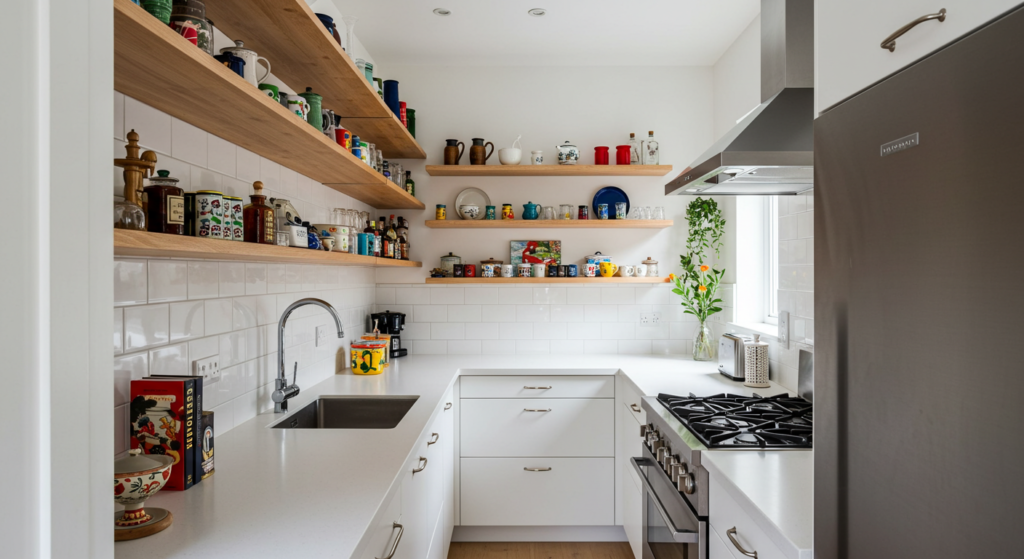 Show Off with Shelves That Shine, Small Narrow Galley kitchen Ideas.
