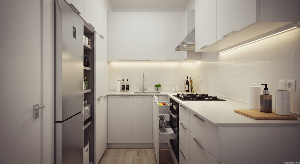 Shrink Appliances to Free Room, Small Narrow Galley kitchen Ideas.