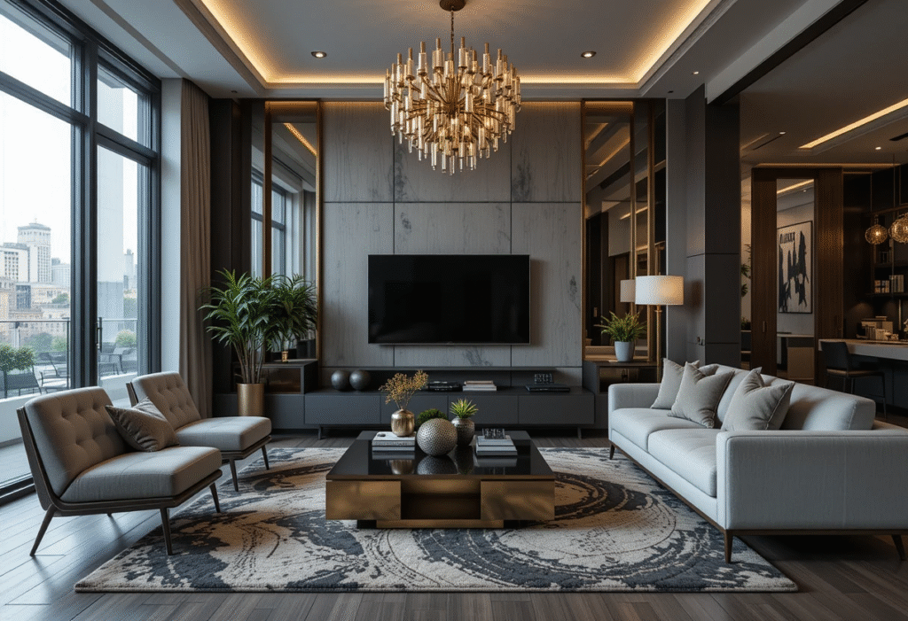 Small Modern Luxury Living Room Ideas Using Metallic Accents