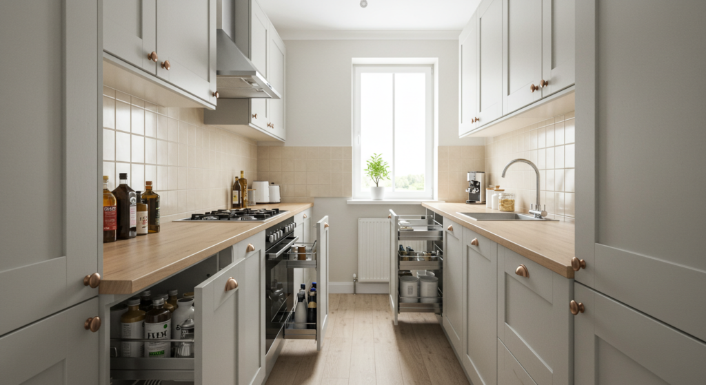Sneak Storage to Kill the Clutter, Small Narrow Galley kitchen Ideas.