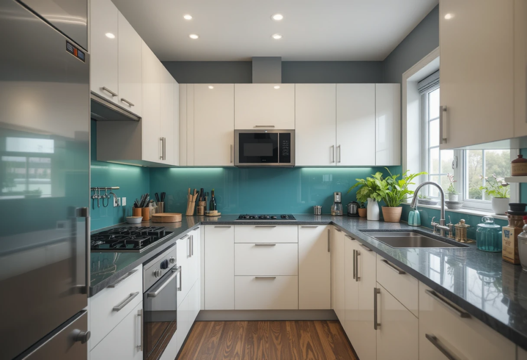 Splash Color to Break the Box, Small Narrow Galley kitchen Ideas.