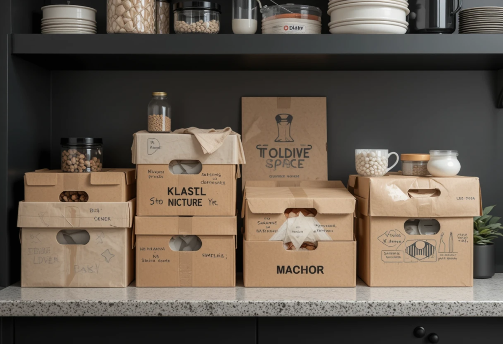 Stack Boxes to Beat Clutter, Small Space Kitchen Ideas.