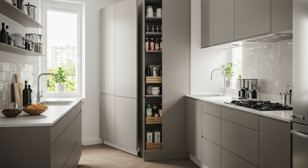 Stack High to Free the Floor, Small Narrow Galley kitchen Ideas.