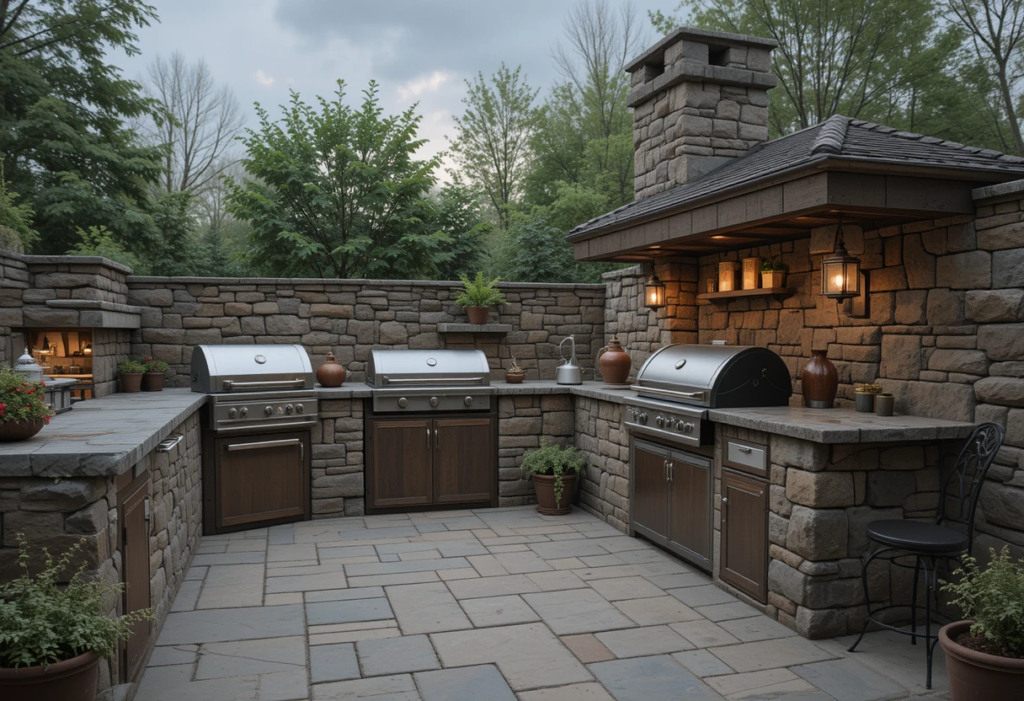 Stone Walls for Rugged Charm, Green Egg Outdoor Kitchen Ideas