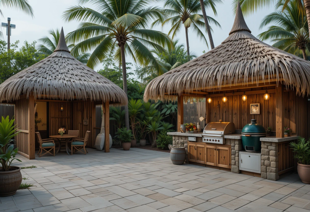 Tiki Huts for Beachy Fun, Green Egg Outdoor Kitchen Ideas.