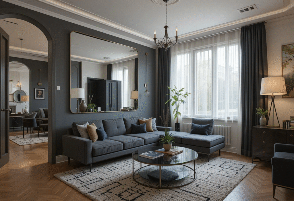 Very Small Apartment Living Room Ideas Featuring Mirrors