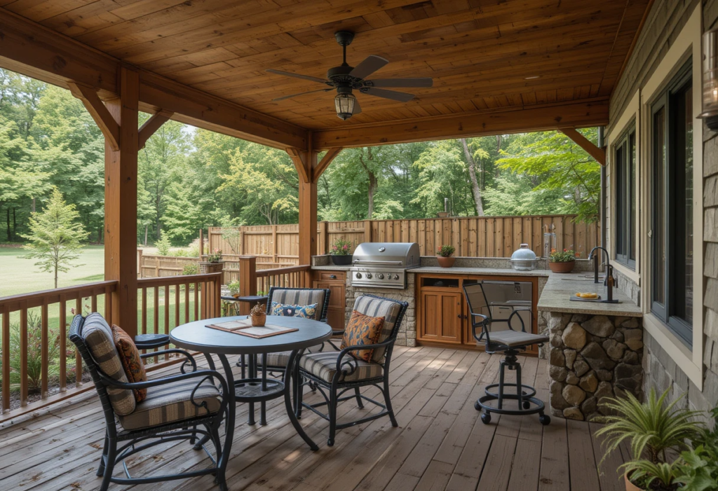 Wooden Decks for Grill Thrones, Green Egg Outdoor Kitchen Ideas.