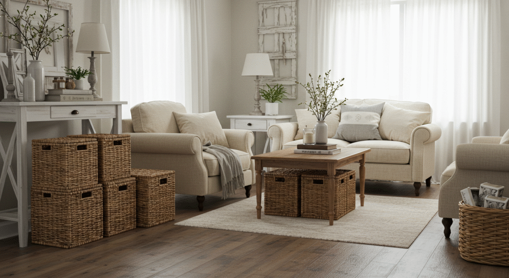 Woven Baskets for Practical Storage, small Farmhouse Living Room Ideas