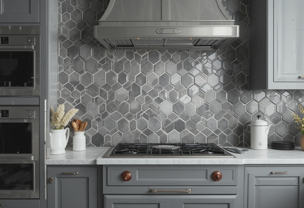Regal Hexagon Tiles That Crown Elegance, Gray Kitchen Backsplash Ideas.